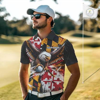 Personalized Patriotic Eagle Men Golf Polo Shirt Custom Name Maryland Flag Golfer Team Jersey NYN5033