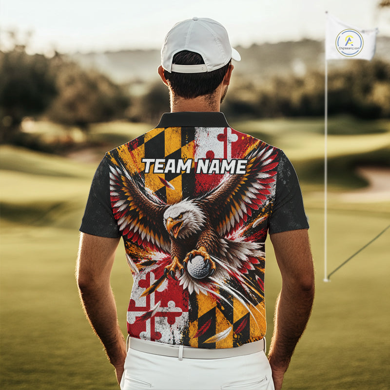 Personalized Patriotic Eagle Men Golf Polo Shirt Custom Name Maryland Flag Golfer Team Jersey NYN5033