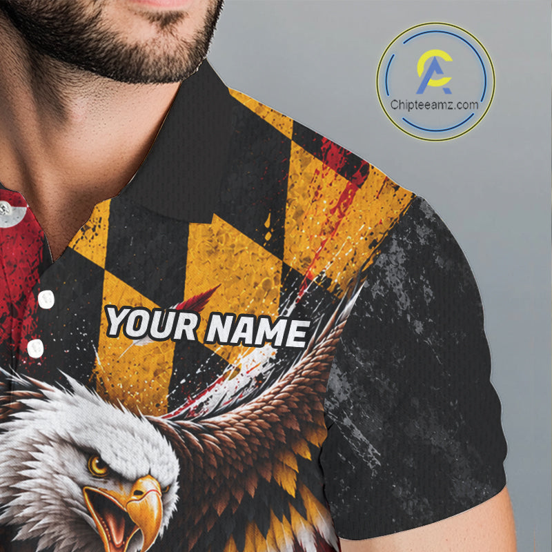 Personalized Patriotic Eagle Men Golf Polo Shirt Custom Name Maryland Flag Golfer Team Jersey NYN5033