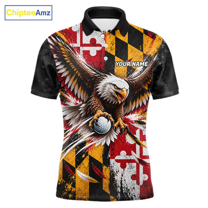 Personalized Patriotic Eagle Men Golf Polo Shirt Custom Name Maryland Flag Golfer Team Jersey NYN5033
