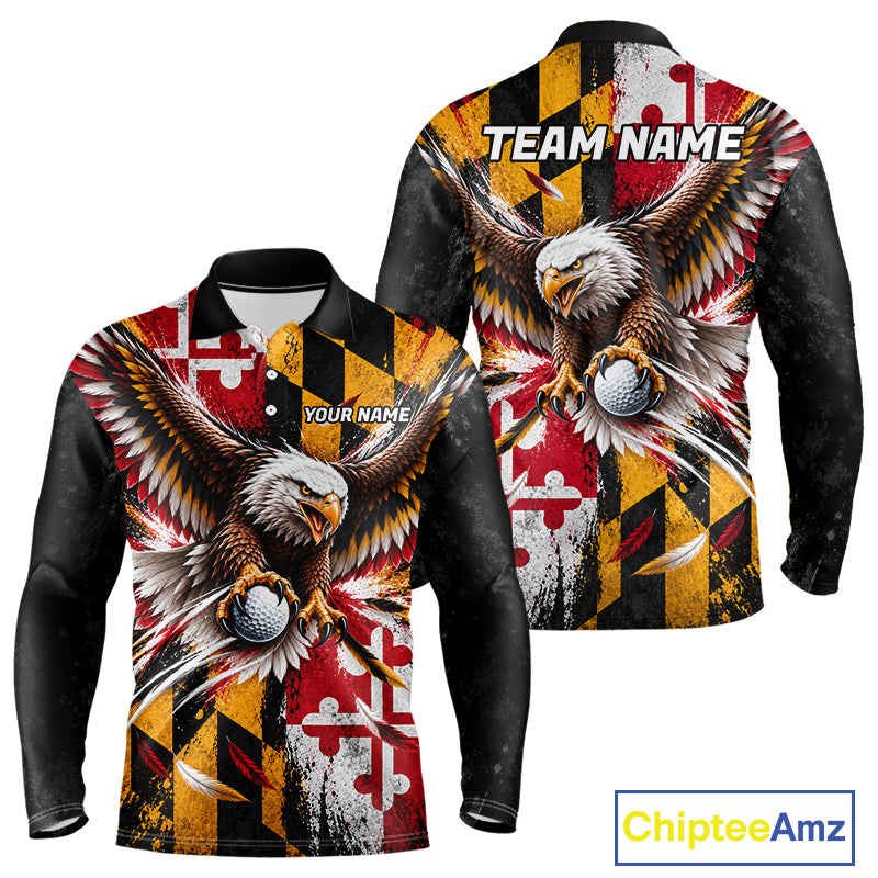 Personalized Patriotic Eagle Men Golf Polo Shirt Custom Name Maryland Flag Golfer Team Jersey NYN5033
