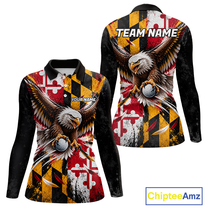 Personalized Patriotic Eagle Women Golf Polo Shirt Custom Name Maryland Flag Golfer Team Jersey NYN5033