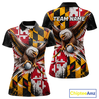 Personalized Patriotic Eagle Women Golf Polo Shirt Custom Name Maryland Flag Golfer Team Jersey NYN5033