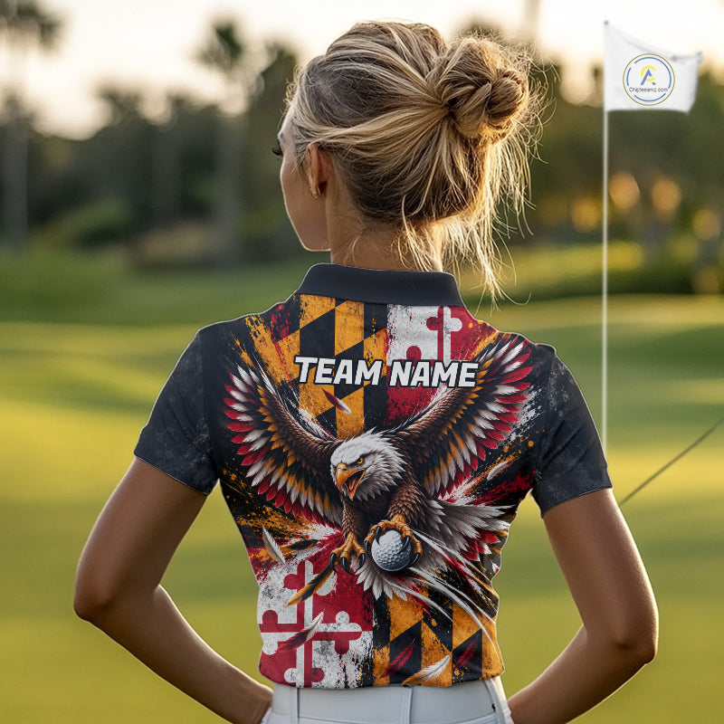 Personalized Patriotic Eagle Women Golf Polo Shirt Custom Name Maryland Flag Golfer Team Jersey NYN5033