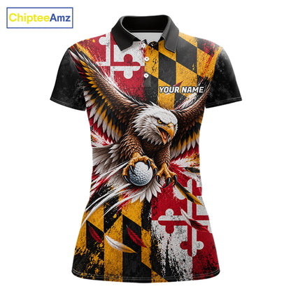 Personalized Patriotic Eagle Women Golf Polo Shirt Custom Name Maryland Flag Golfer Team Jersey NYN5033