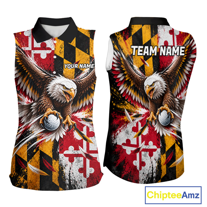 Personalized Patriotic Eagle Women Golf Sleeveless Polo Shirt Custom Name Maryland Flag Golfer Team Jersey NYN5033