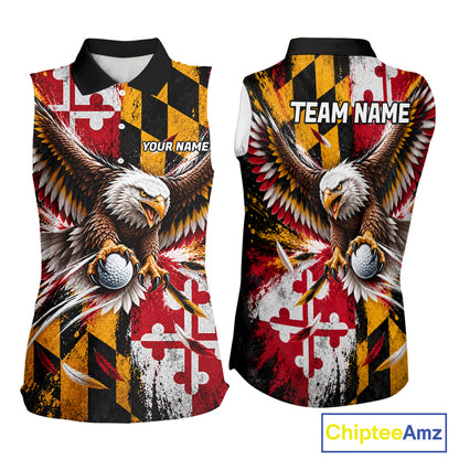Personalized Patriotic Eagle Women Golf Sleeveless Polo Shirt Custom Name Maryland Flag Golfer Team Jersey NYN5033