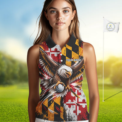 Personalized Patriotic Eagle Women Golf Sleeveless Polo Shirt Custom Name Maryland Flag Golfer Team Jersey NYN5033