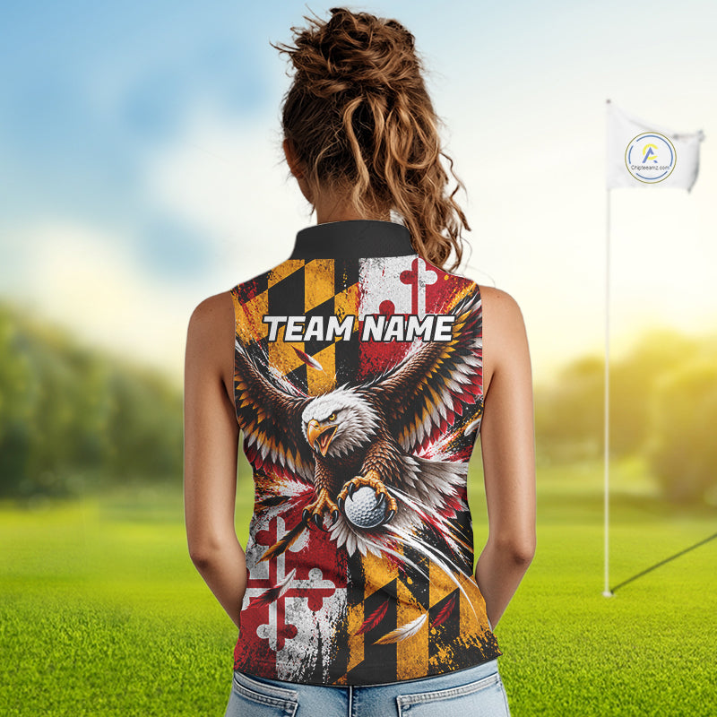 Personalized Patriotic Eagle Women Golf Sleeveless Polo Shirt Custom Name Maryland Flag Golfer Team Jersey NYN5033