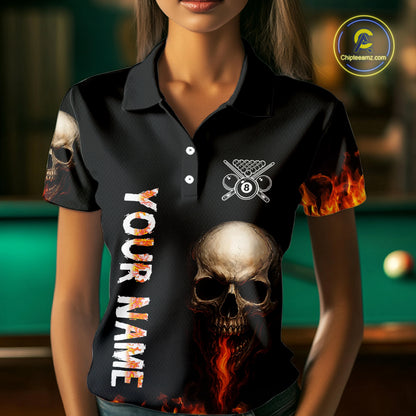 Fire Flame Pool 8 Ball Skull Billiard Shirts For Women Custom Billiard League Jerseys | Red NYN2286