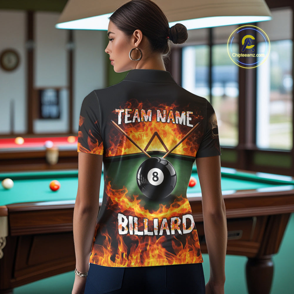 Fire Flame Pool 8 Ball Skull Billiard Shirts For Women Custom Billiard League Jerseys | Red NYN2286