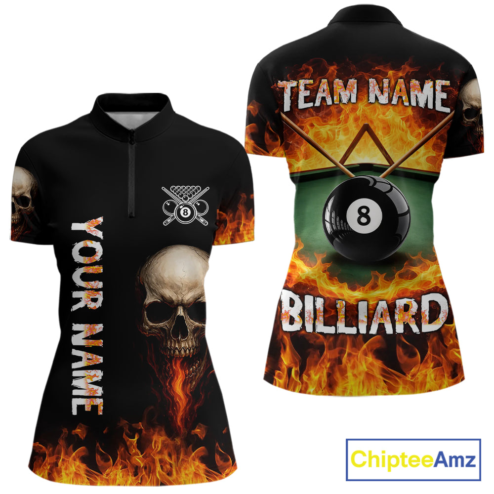 Fire Flame Pool 8 Ball Skull Billiard Shirts For Women Custom Billiard League Jerseys | Red NYN2286