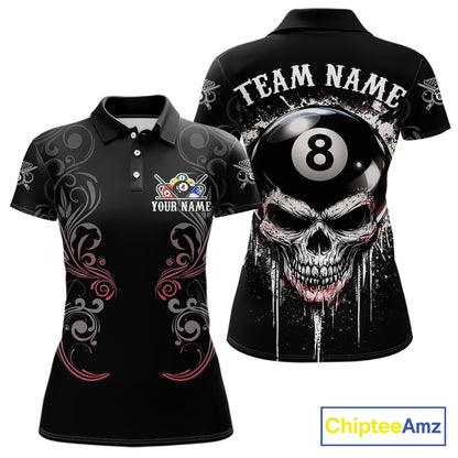 Grey Grunge Skull Billiard Shirts For Women Custom Pool 8 Ball Billiard League Jerseys NYN2291