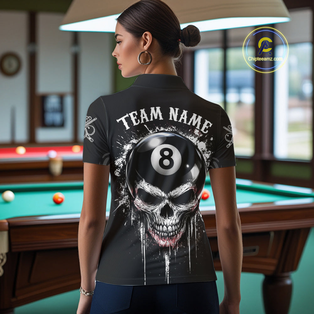 Grey Grunge Skull Billiard Shirts For Women Custom Pool 8 Ball Billiard League Jerseys NYN2291