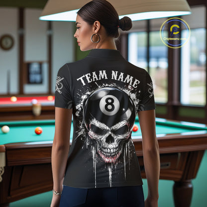 Grey Grunge Skull Billiard Shirts For Women Custom Pool 8 Ball Billiard League Jerseys NYN2291