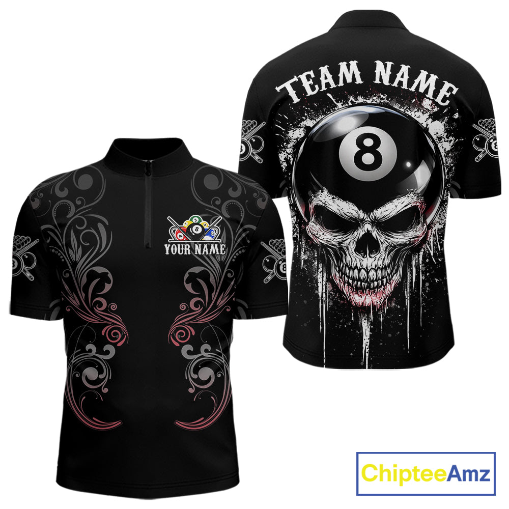 Grey Grunge Skull Billiard Shirts For Men Custom Pool 8 Ball Billiard League Jerseys NYN2291