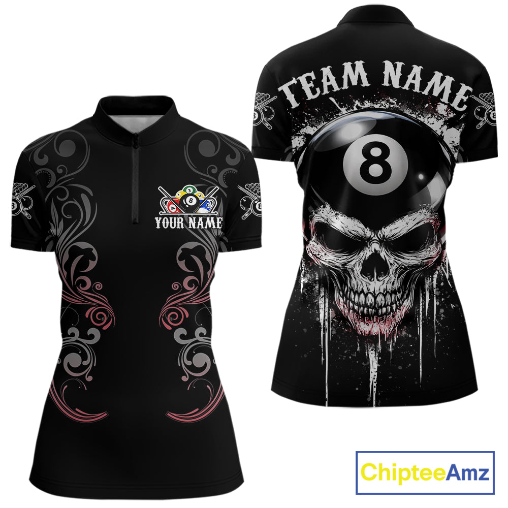Grey Grunge Skull Billiard Shirts For Women Custom Pool 8 Ball Billiard League Jerseys NYN2291