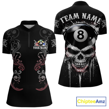 Grey Grunge Skull Billiard Shirts For Women Custom Pool 8 Ball Billiard League Jerseys NYN2291