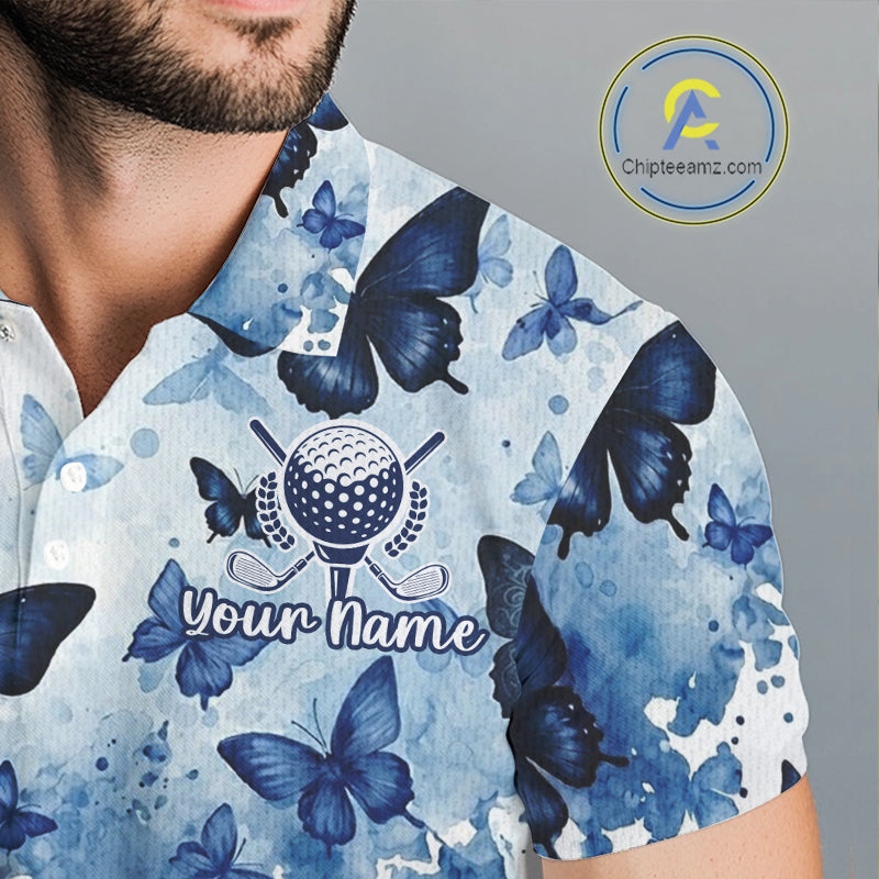 White & Blue Butterflies Mens Golf Polo Shirt Custom Watercolor Golf Shirts Golf Attire NYN3155