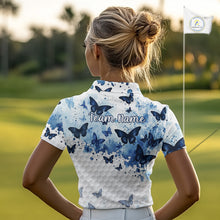 Load image into Gallery viewer, White &amp; Blue Butterflies Womens Golf Polo Shirt Custom Watercolor Golf Shirts Golf Attire NYN3155