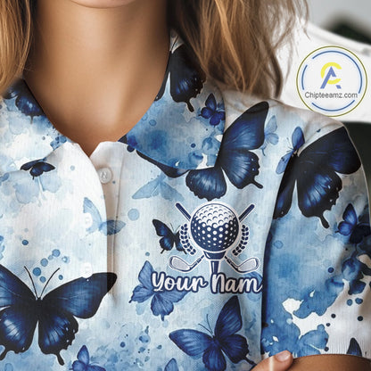 White & Blue Butterflies Womens Golf Polo Shirt Custom Watercolor Golf Shirts Golf Attire NYN3155