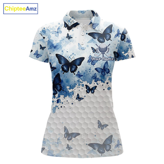 White & Blue Butterflies Womens Golf Polo Shirt Custom Watercolor Golf Shirts Golf Attire NYN3155