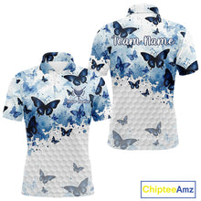 Load image into Gallery viewer, White &amp; Blue Butterflies Mens Golf Polo Shirt Custom Watercolor Golf Shirts Golf Attire NYN3155