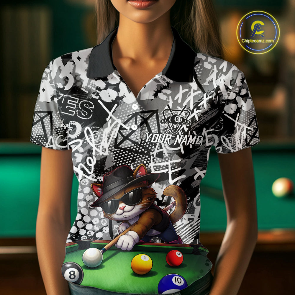 Custom Funny Pooler Cat 8 Ball Pool Billiard Shirt For Women Polo & 1/4 Zip, Billiard Team Jerseys NYN3160