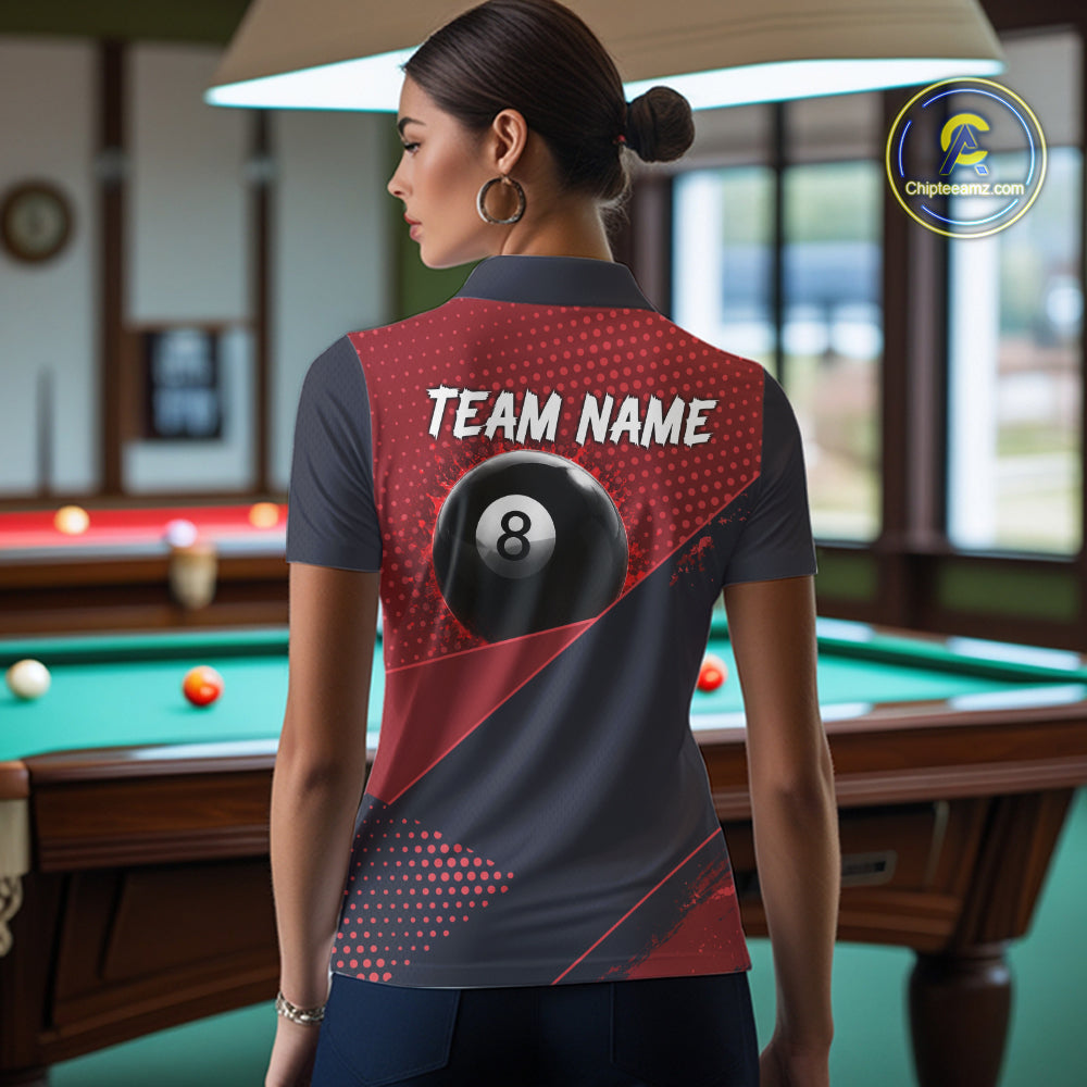 Female billiard player wearing Red Splash 8 Ball custom billiard jersey