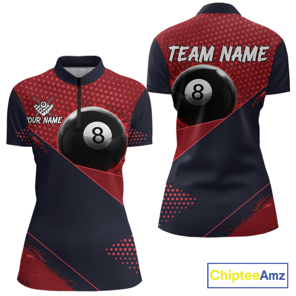 Red Splash 8 Ball Women's Billiard Quarter-Zip Shirt Personalized Pool Team Uniform