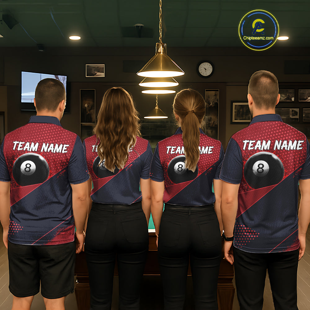 Men women billiard team wearing Red Splash 8 Ball personalized pool uniforms