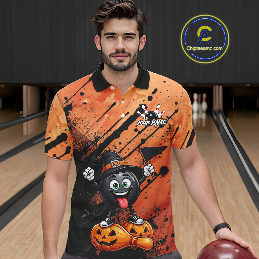 Custom Halloween Mens Bowling Shirt Funny Witch Hat Bowling Ball Jersey, Bowler Halloween Gift NYN4266