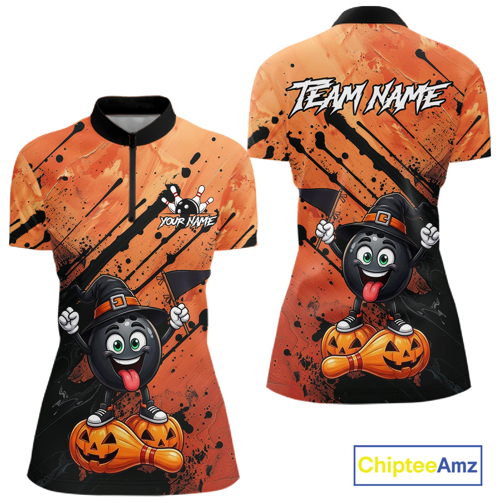 Custom Halloween Women Bowling Shirt Funny Witch Hat Bowling Ball Jersey, Bowler Halloween Gift NYN4266
