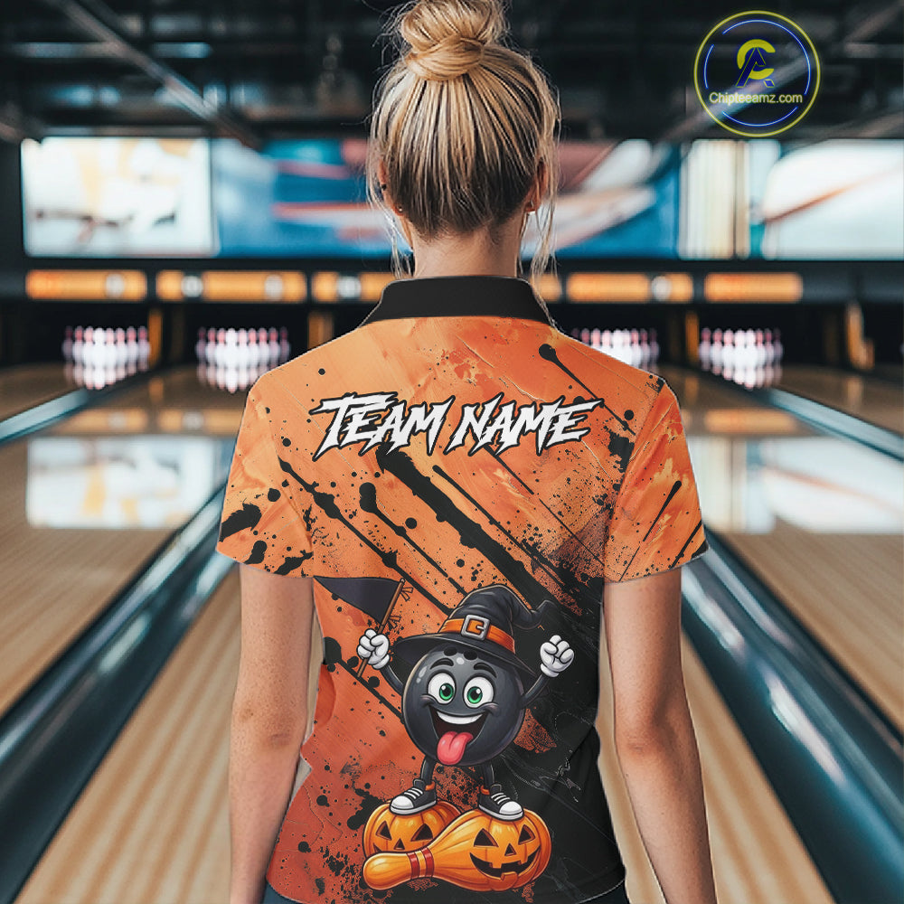 Custom Halloween Women Bowling Shirt Funny Witch Hat Bowling Ball Jersey, Bowler Halloween Gift NYN4266