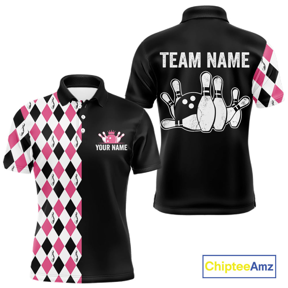 Custom Pink Argyle Bowling Polo 1/4-Zip Shirt For Men Argyle Bowling Tournament Team Jersey NYN4673