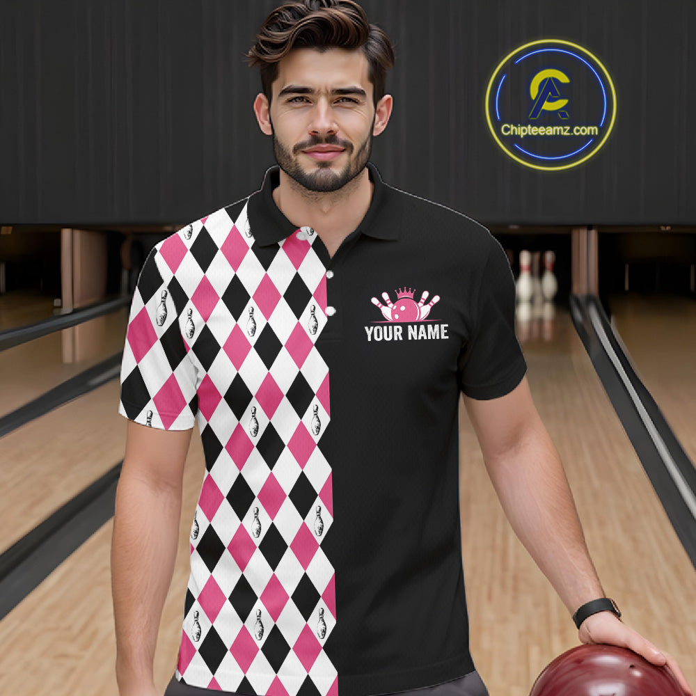 Custom Pink Argyle Bowling Polo 1/4-Zip Shirt For Men Argyle Bowling Tournament Team Jersey NYN4673