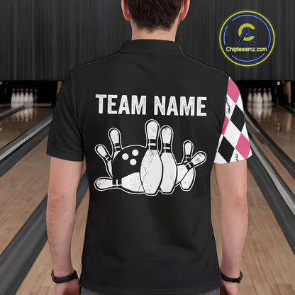Custom Pink Argyle Bowling Polo 1/4-Zip Shirt For Men Argyle Bowling Tournament Team Jersey NYN4673