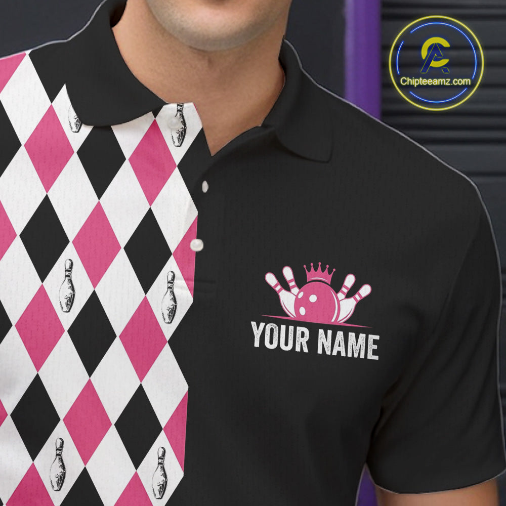 Custom Pink Argyle Bowling Polo 1/4-Zip Shirt For Men Argyle Bowling Tournament Team Jersey NYN4673