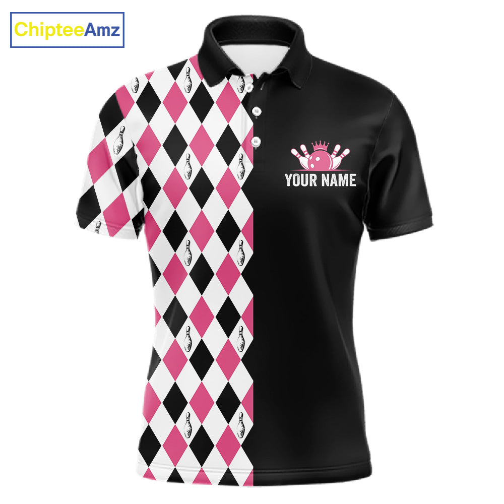 Custom Pink Argyle Bowling Polo 1/4-Zip Shirt For Men Argyle Bowling Tournament Team Jersey NYN4673