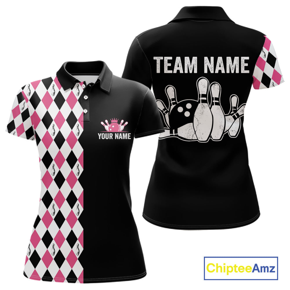 Custom Pink Argyle Bowling Polo 1/4-Zip Shirt For Women Argyle Bowling Tournament Team Jersey NYN4673