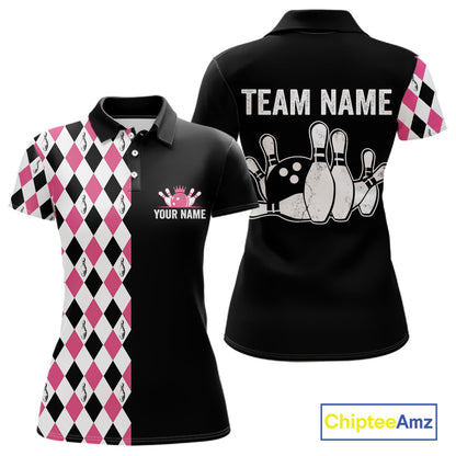 Custom Pink Argyle Bowling Polo 1/4-Zip Shirt For Women Argyle Bowling Tournament Team Jersey NYN4673