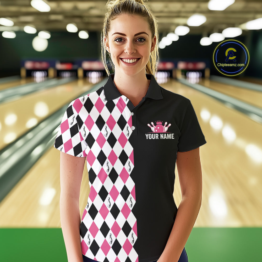 Custom Pink Argyle Bowling Polo 1/4-Zip Shirt For Women Argyle Bowling Tournament Team Jersey NYN4673