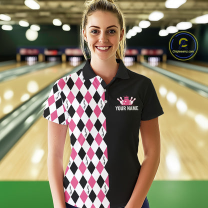 Custom Pink Argyle Bowling Polo 1/4-Zip Shirt For Women Argyle Bowling Tournament Team Jersey NYN4673