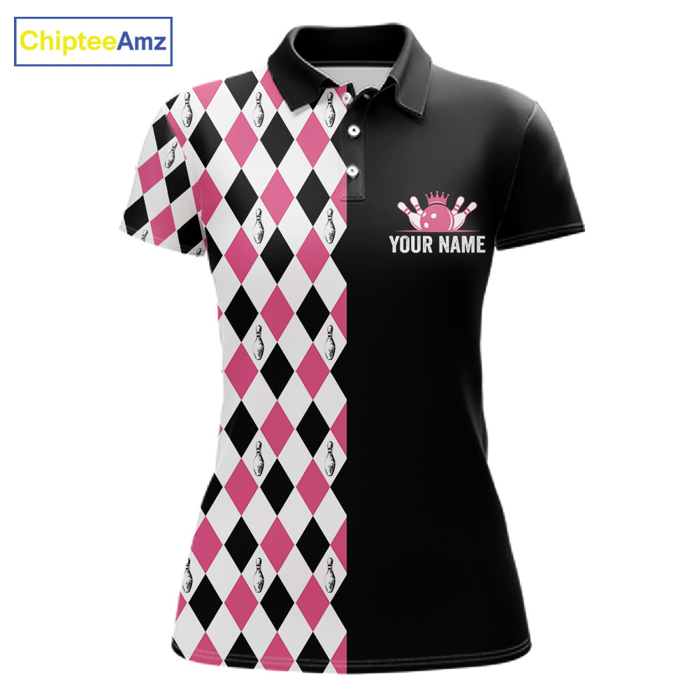 Custom Pink Argyle Bowling Polo 1/4-Zip Shirt For Women Argyle Bowling Tournament Team Jersey NYN4673