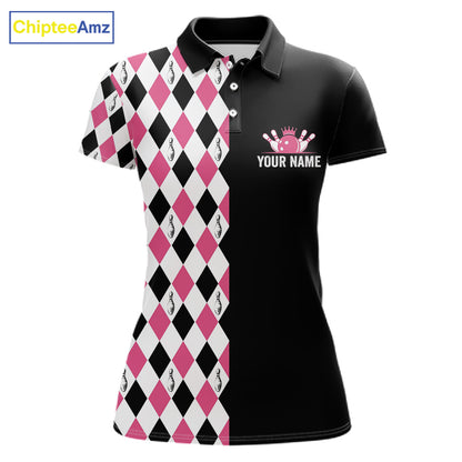 Custom Pink Argyle Bowling Polo 1/4-Zip Shirt For Women Argyle Bowling Tournament Team Jersey NYN4673