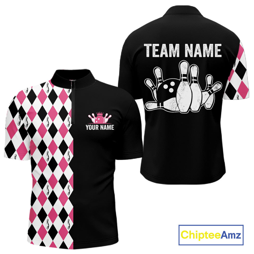 Custom Pink Argyle Bowling Polo 1/4-Zip Shirt For Men Argyle Bowling Tournament Team Jersey NYN4673