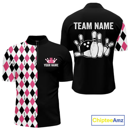 Custom Pink Argyle Bowling Polo 1/4-Zip Shirt For Men Argyle Bowling Tournament Team Jersey NYN4673