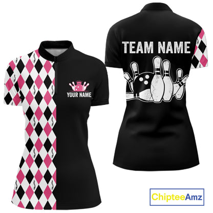 Custom Pink Argyle Bowling Polo 1/4-Zip Shirt For Women Argyle Bowling Tournament Team Jersey NYN4673