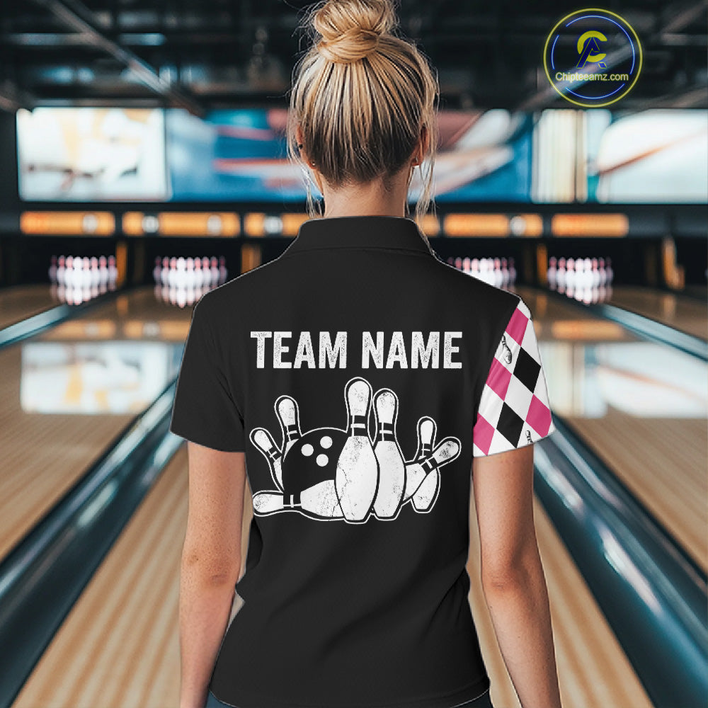 Custom Pink Argyle Bowling Polo 1/4-Zip Shirt For Women Argyle Bowling Tournament Team Jersey NYN4673