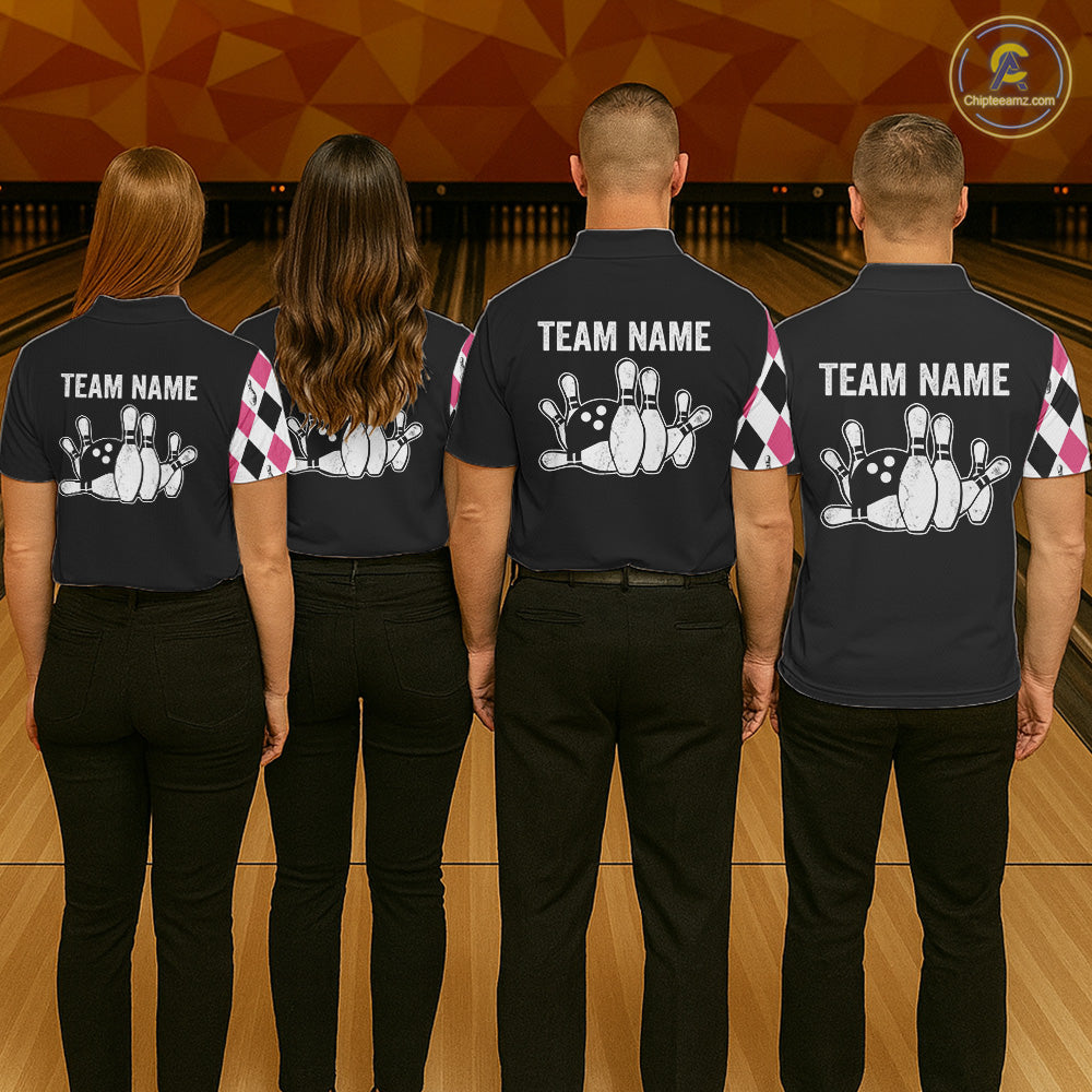 Custom Pink Argyle Bowling Polo 1/4-Zip Shirt For Men Argyle Bowling Tournament Team Jersey NYN4673